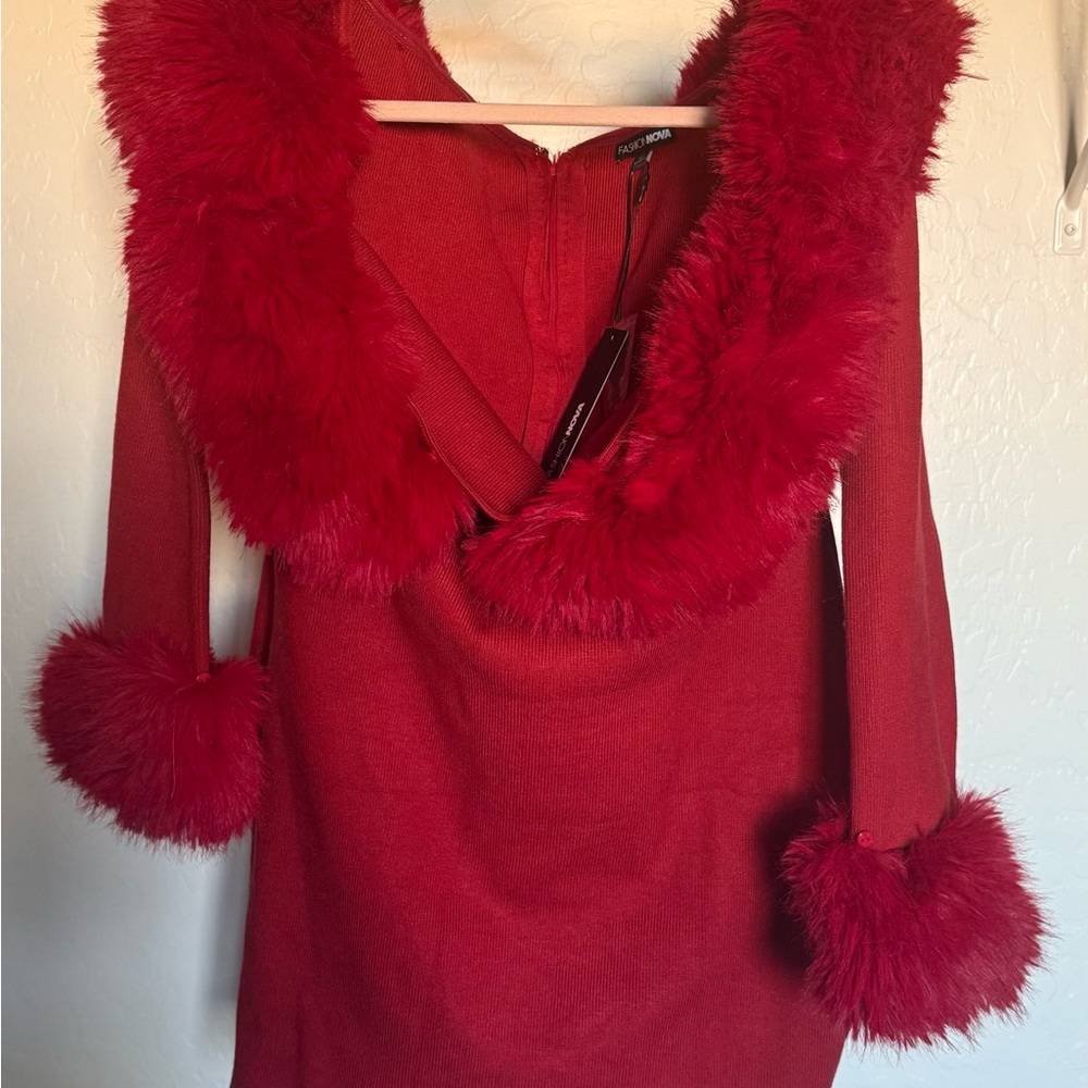 Fashion Nova Red Off-Shoulder Faux-Fur Trim Mini Dress - Picture 2 of 2
